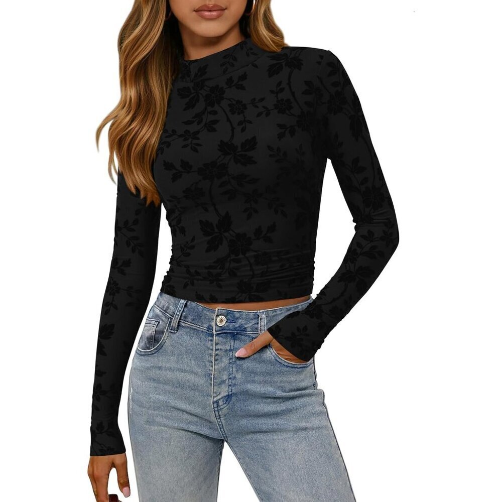 Mesh Long Sleeve Tops Women Floral Mock Neck Fitted Fall Fashion
